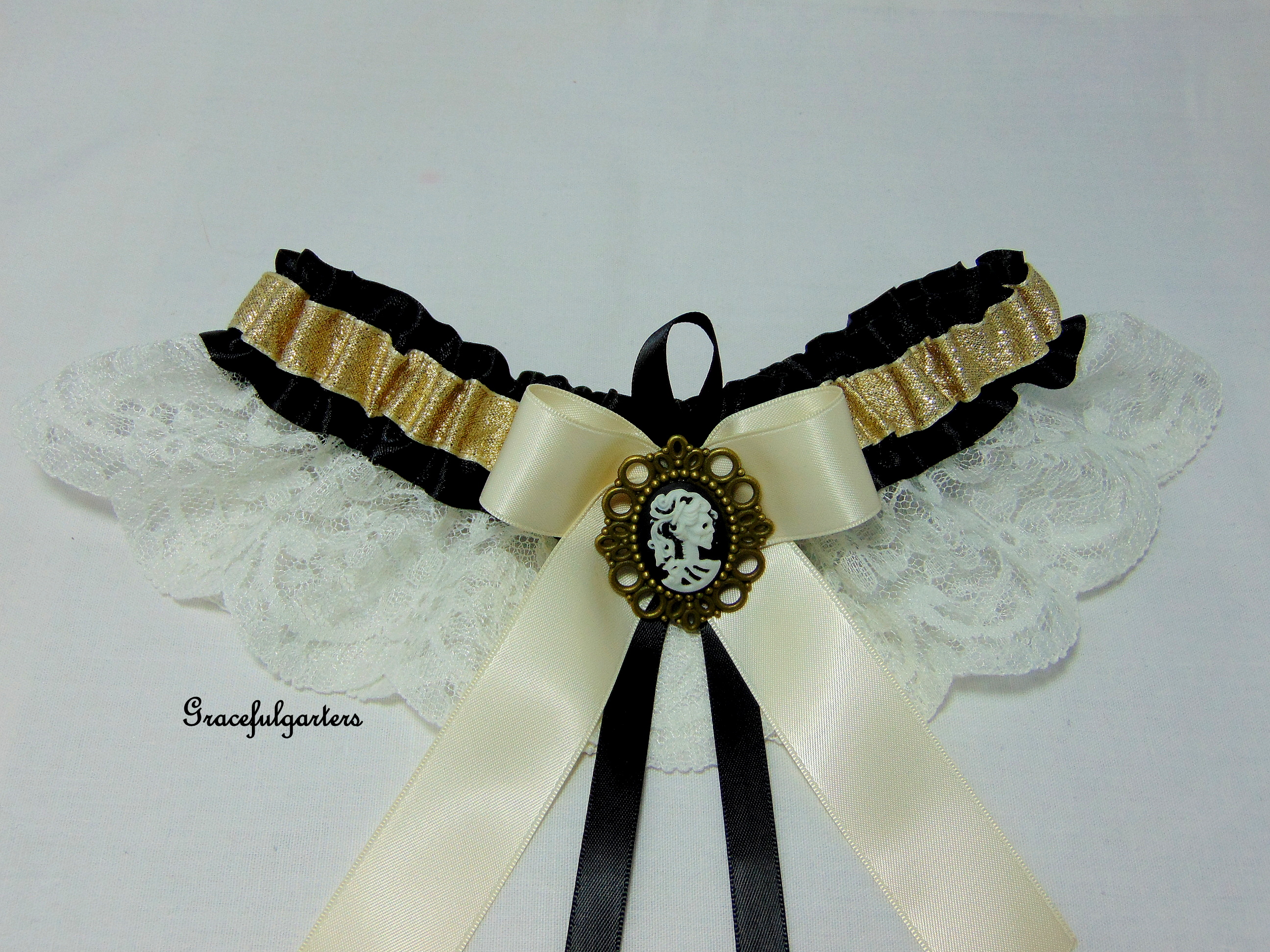 Golden Victorian Gothic Cameo Skull Bridal Wedding Garter GracefulGarters