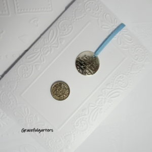 Lucky Sixpence & Charm inside Embossed Card. Something Old Something New..